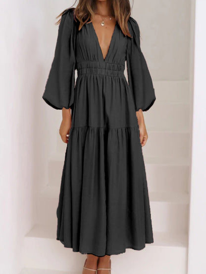 Deep V-Neck Balloon Sleeve Plain Maxi Dress - Siennasass