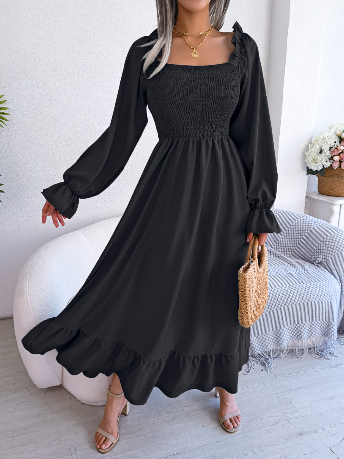 Smocked Square Neck Flounce Sleeve Dress - Siennasass