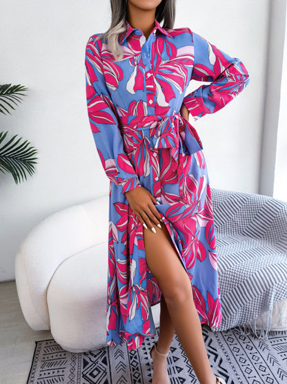 Tied Button Up Long Sleeve Dress - Siennasass