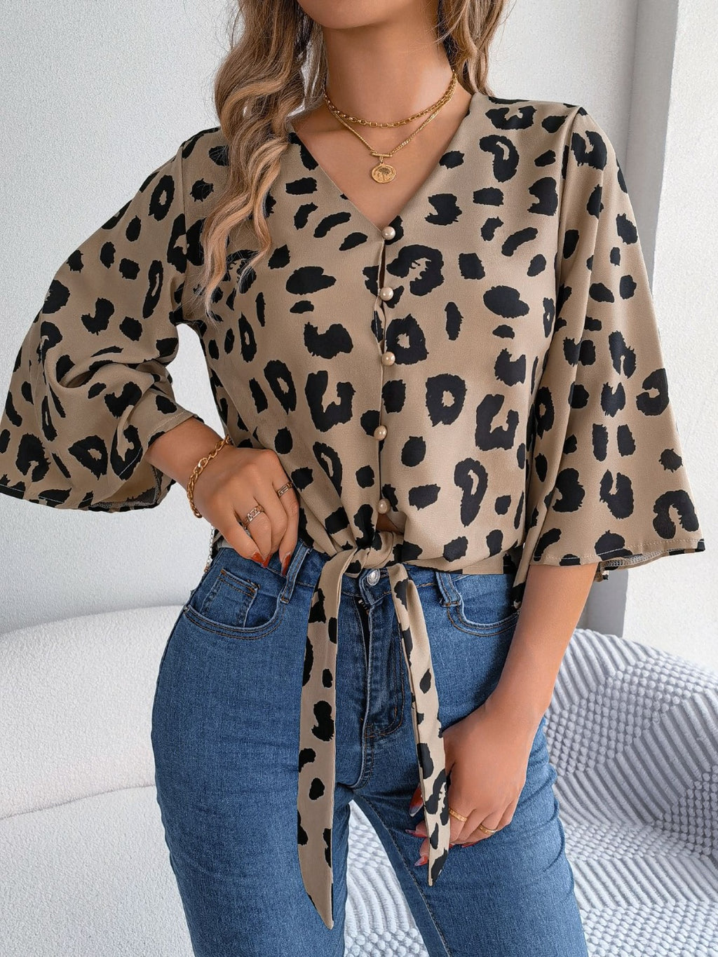 Tied Button Up Leopard V-Neck Blouse - Siennasass