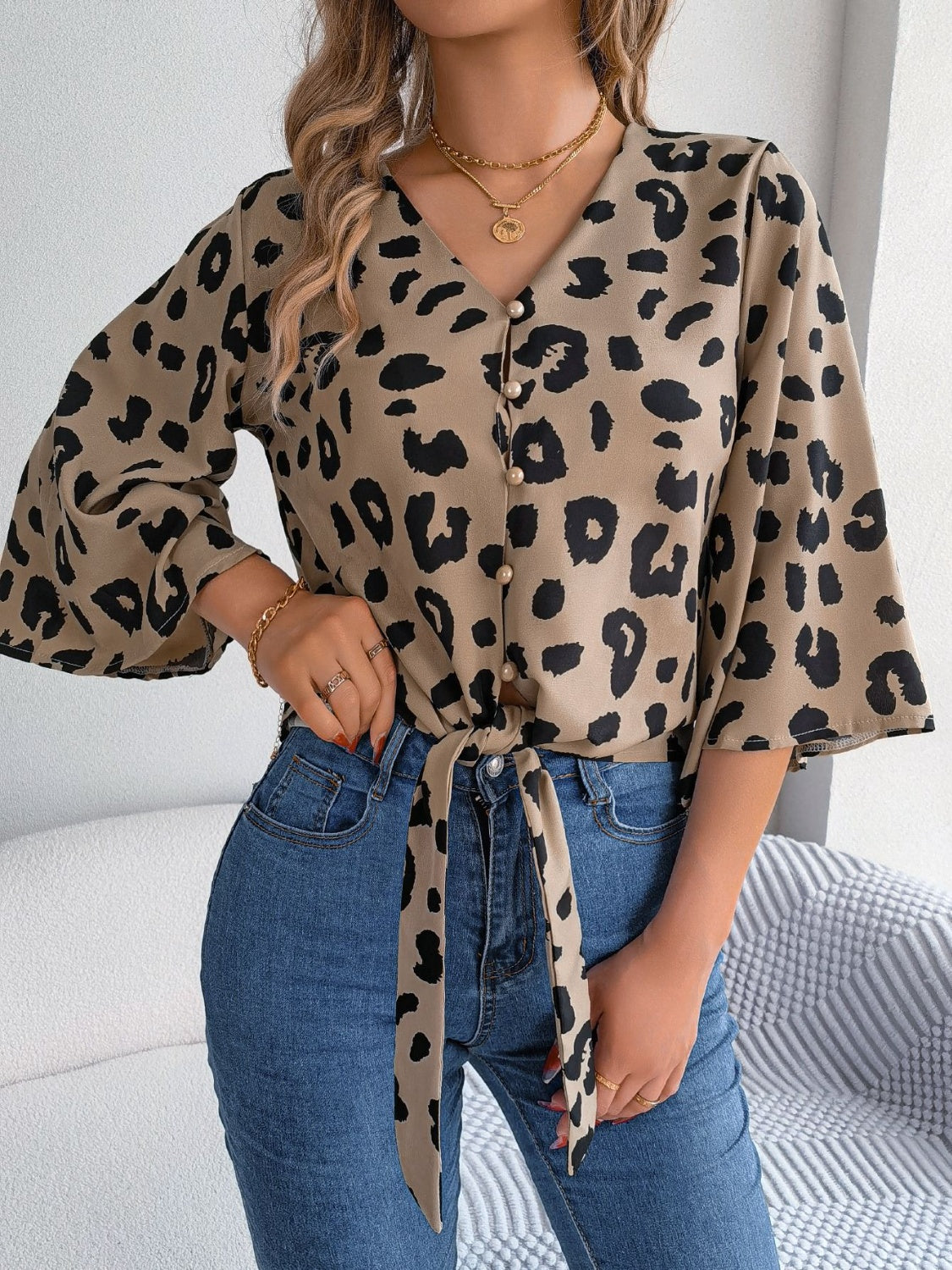 Tied Button Up Leopard V-Neck Blouse - Siennasass