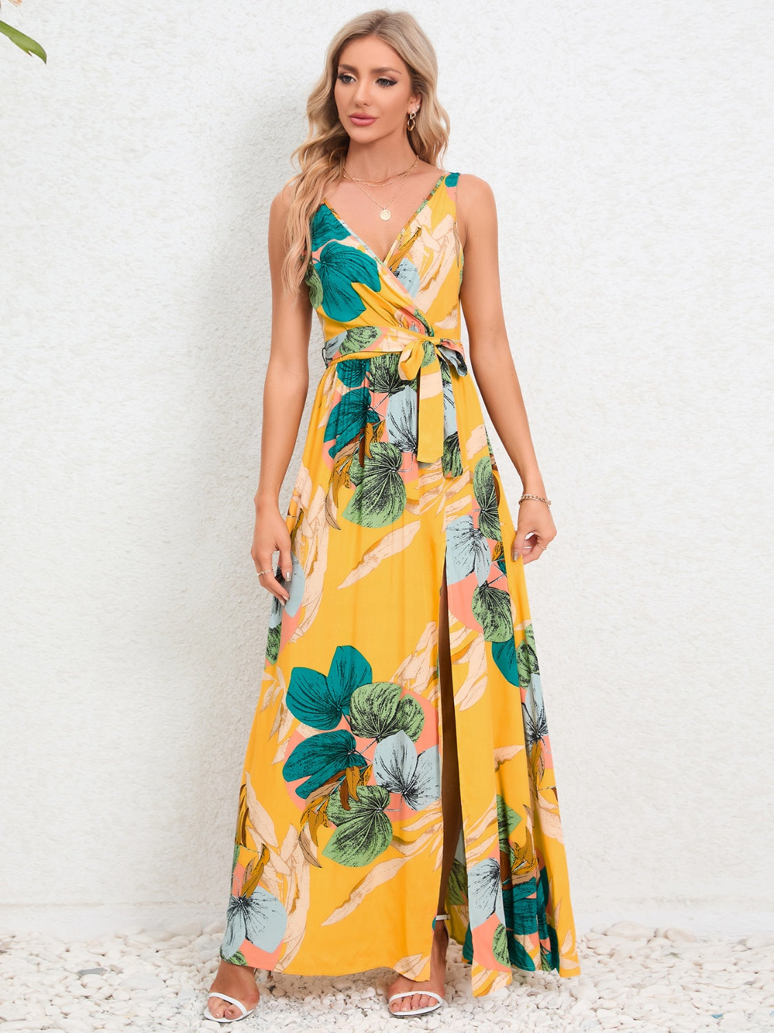Slit Tied Printed Surplice Dress - Siennasass