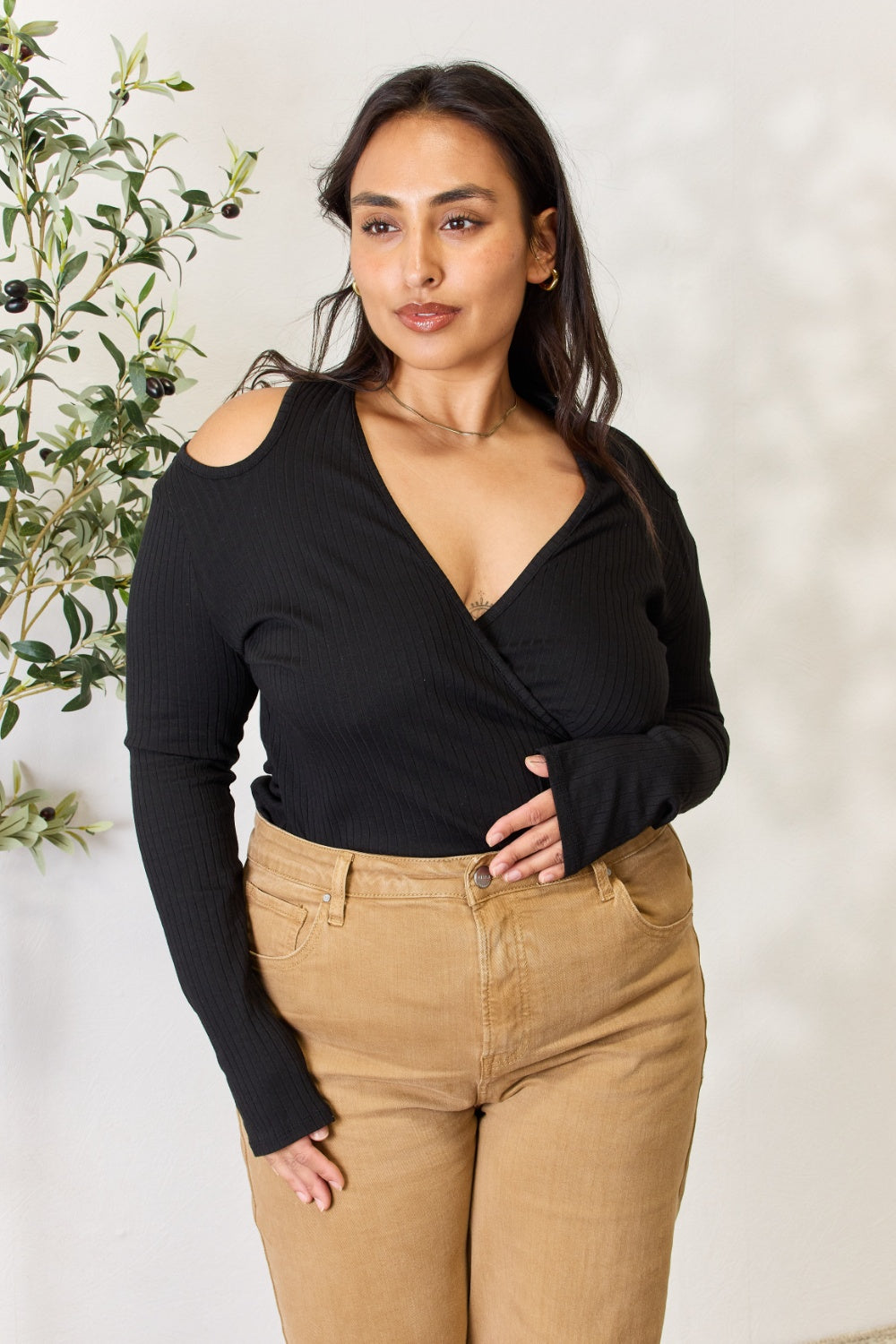 Culture Code Full Size Ribbed Surplice Cold Shoulder Top - Siennasass