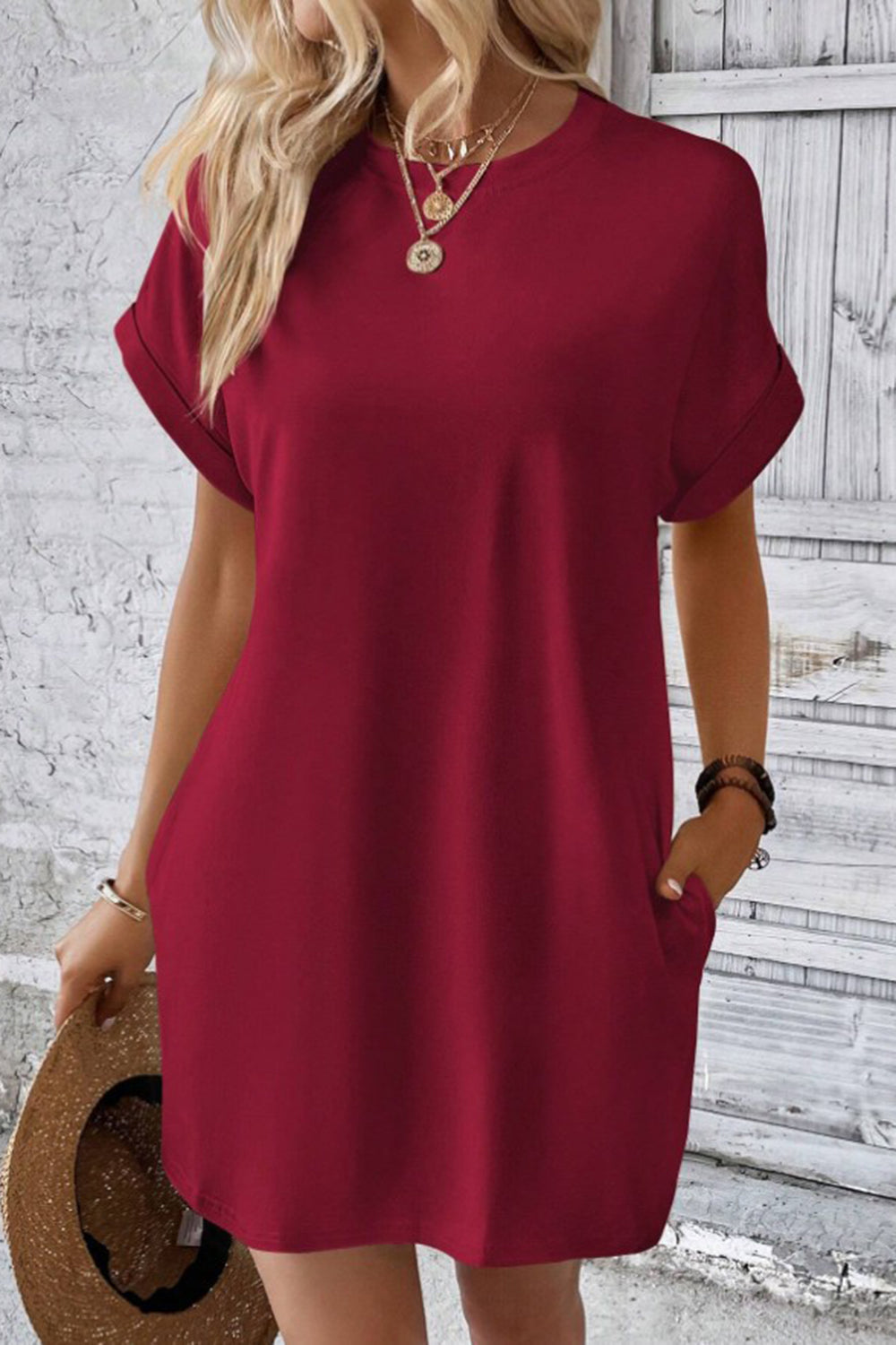 Pocketed Round Neck Short Sleeve Dress - Siennasass