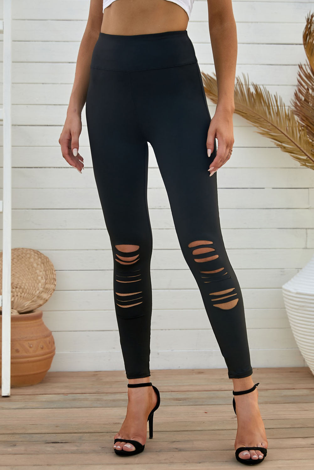 Double Take Wide Waistband Distressed Slim Fit Leggings - Siennasass