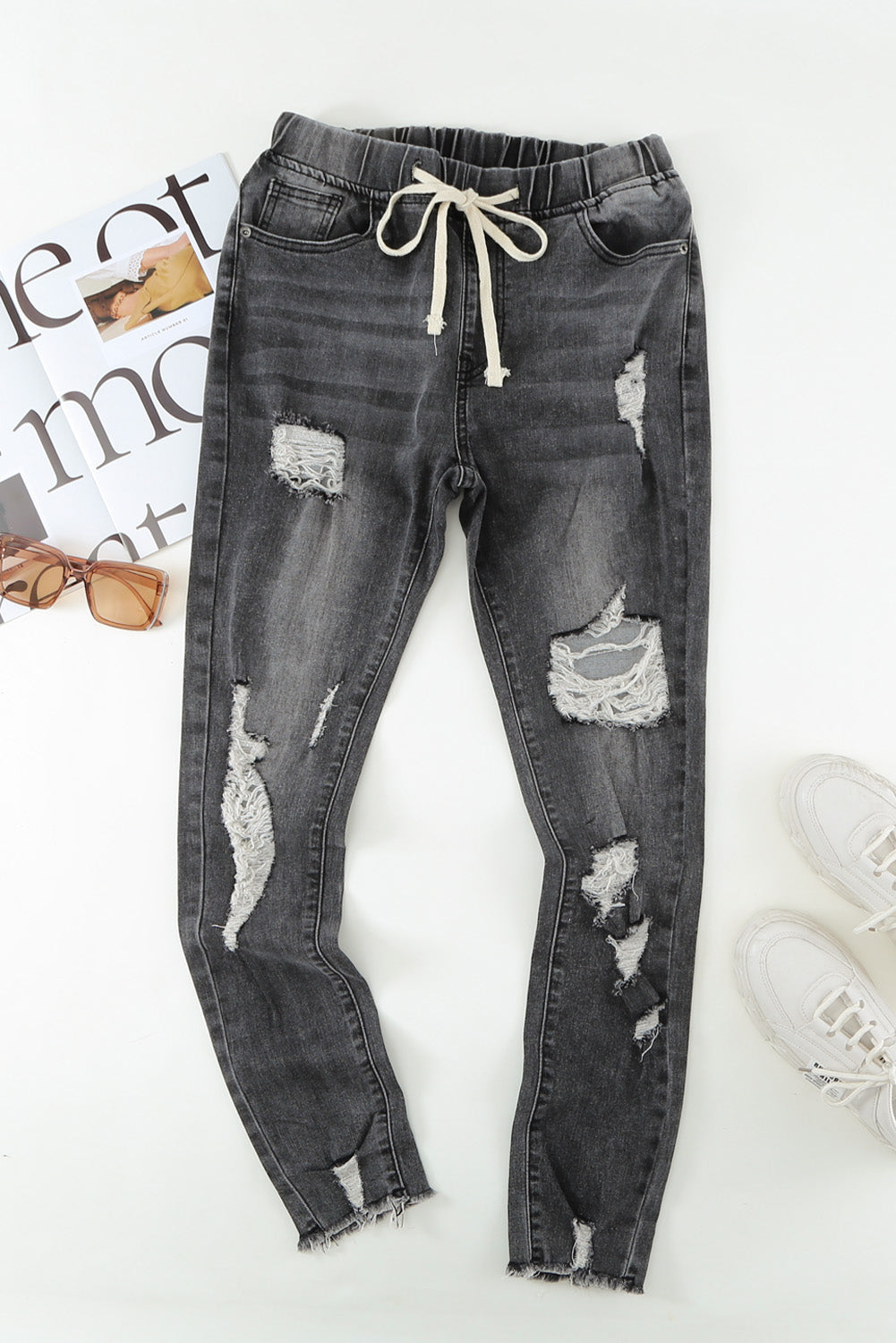 Drawstring Distressed Raw Hem Jeans with Pockets - Siennasass