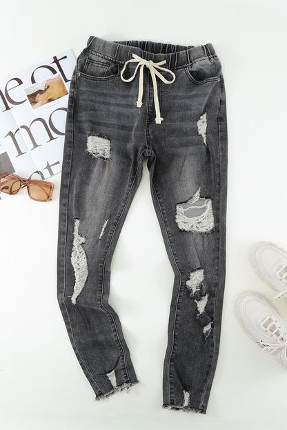 Drawstring Distressed Raw Hem Jeans with Pockets - Siennasass