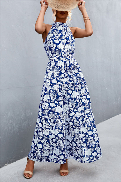 Printed Sleeveless Tie Waist Maxi Dress - Siennasass
