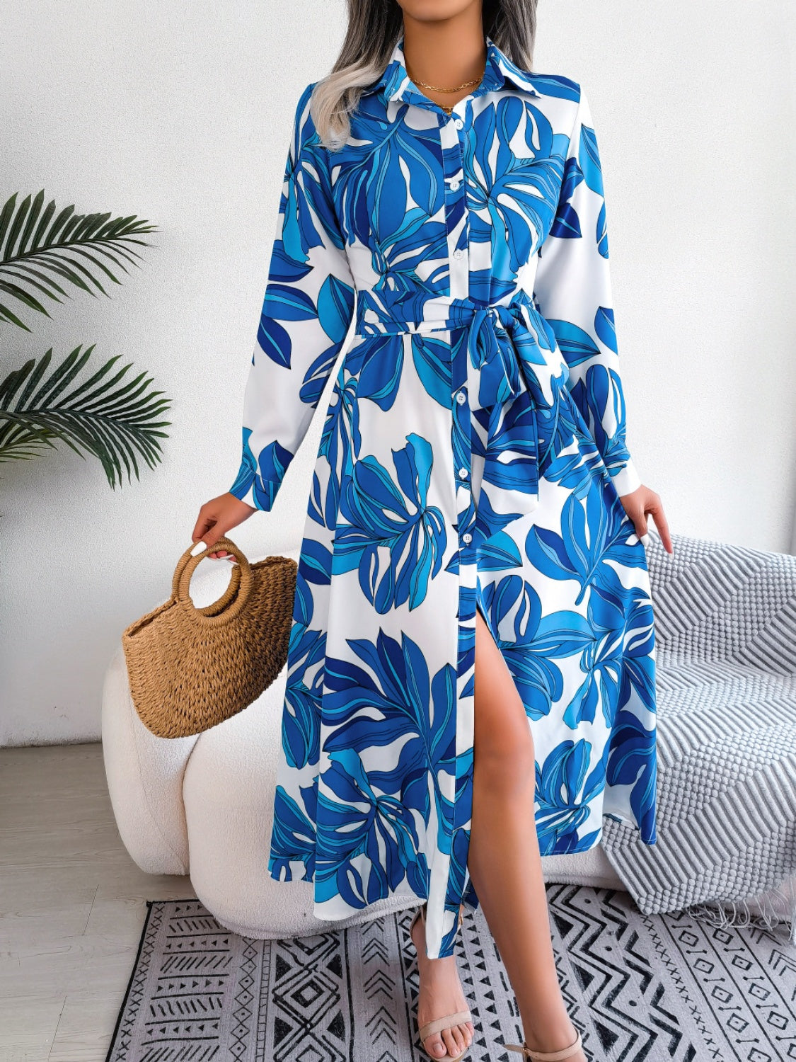 Tied Button Up Long Sleeve Dress - Siennasass