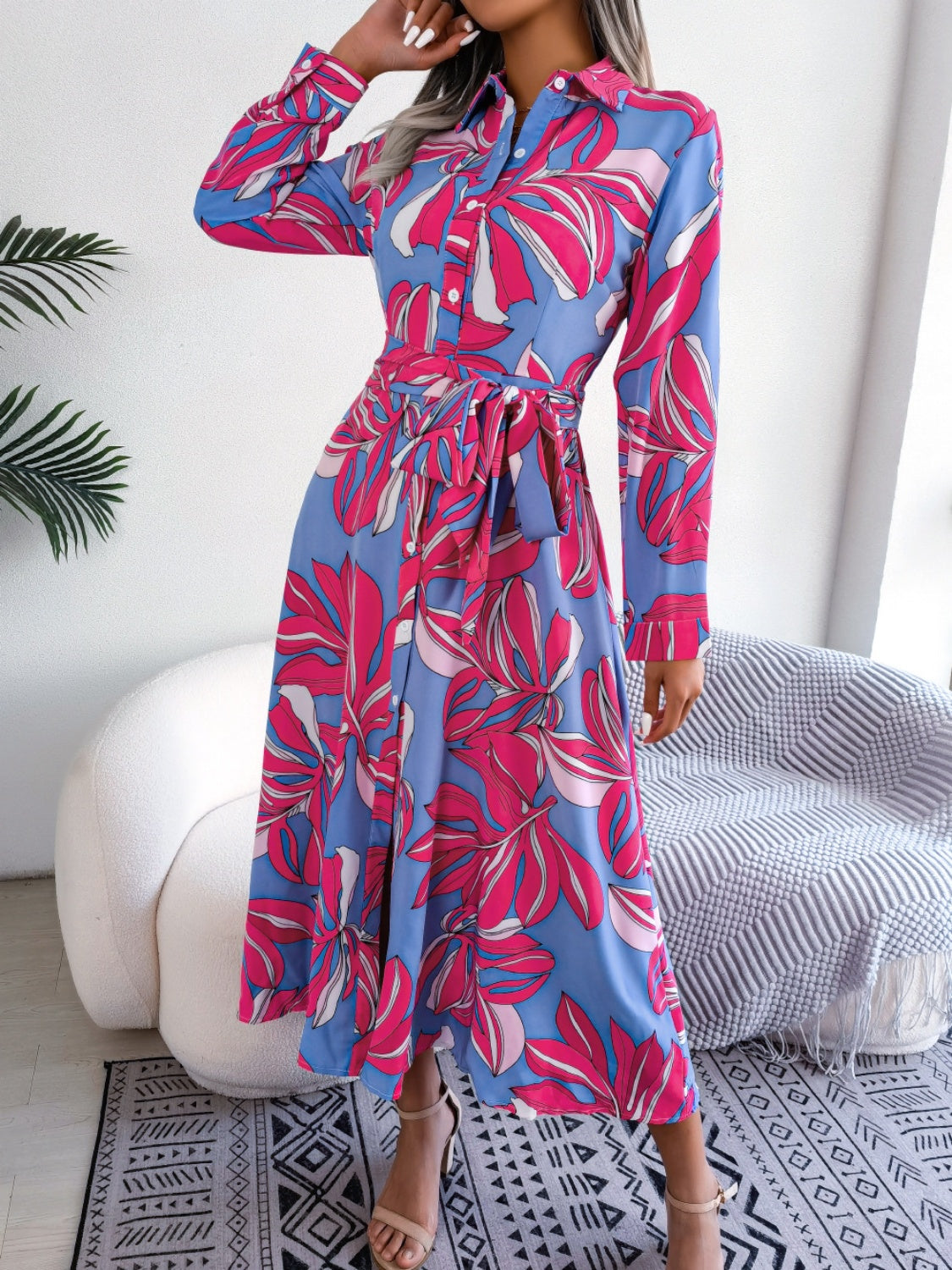 Tied Button Up Long Sleeve Dress - Siennasass