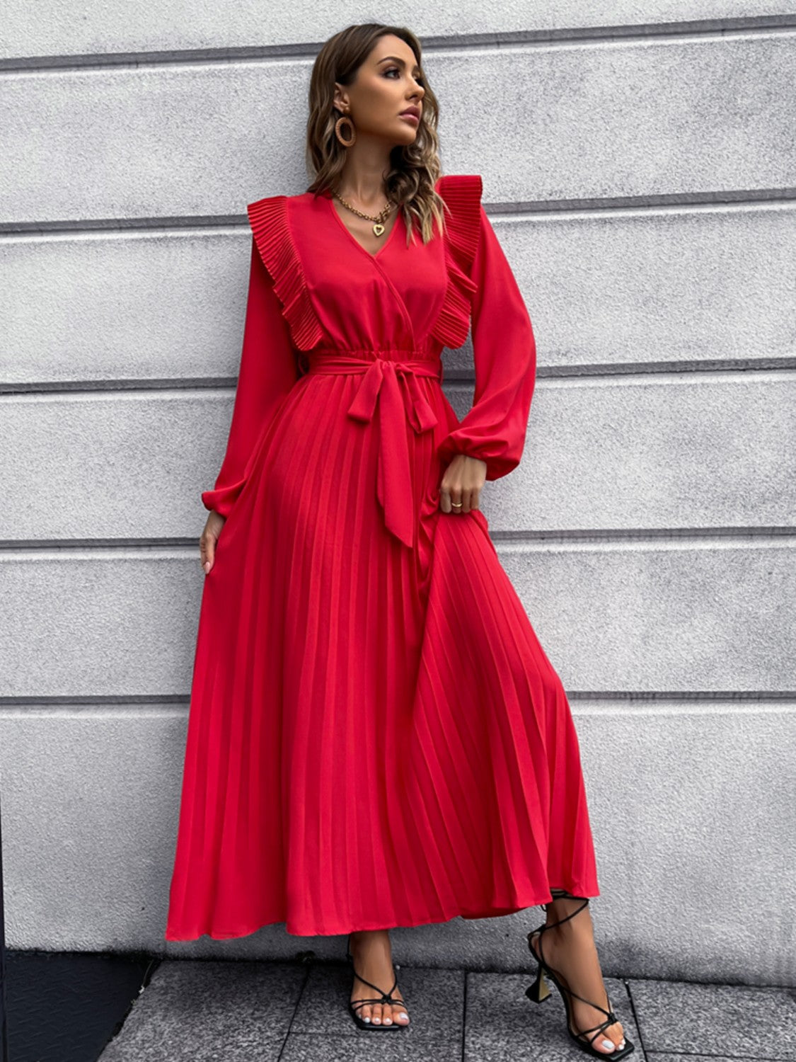 Pleated Surplice Tie Waist Maxi Dress - Siennasass