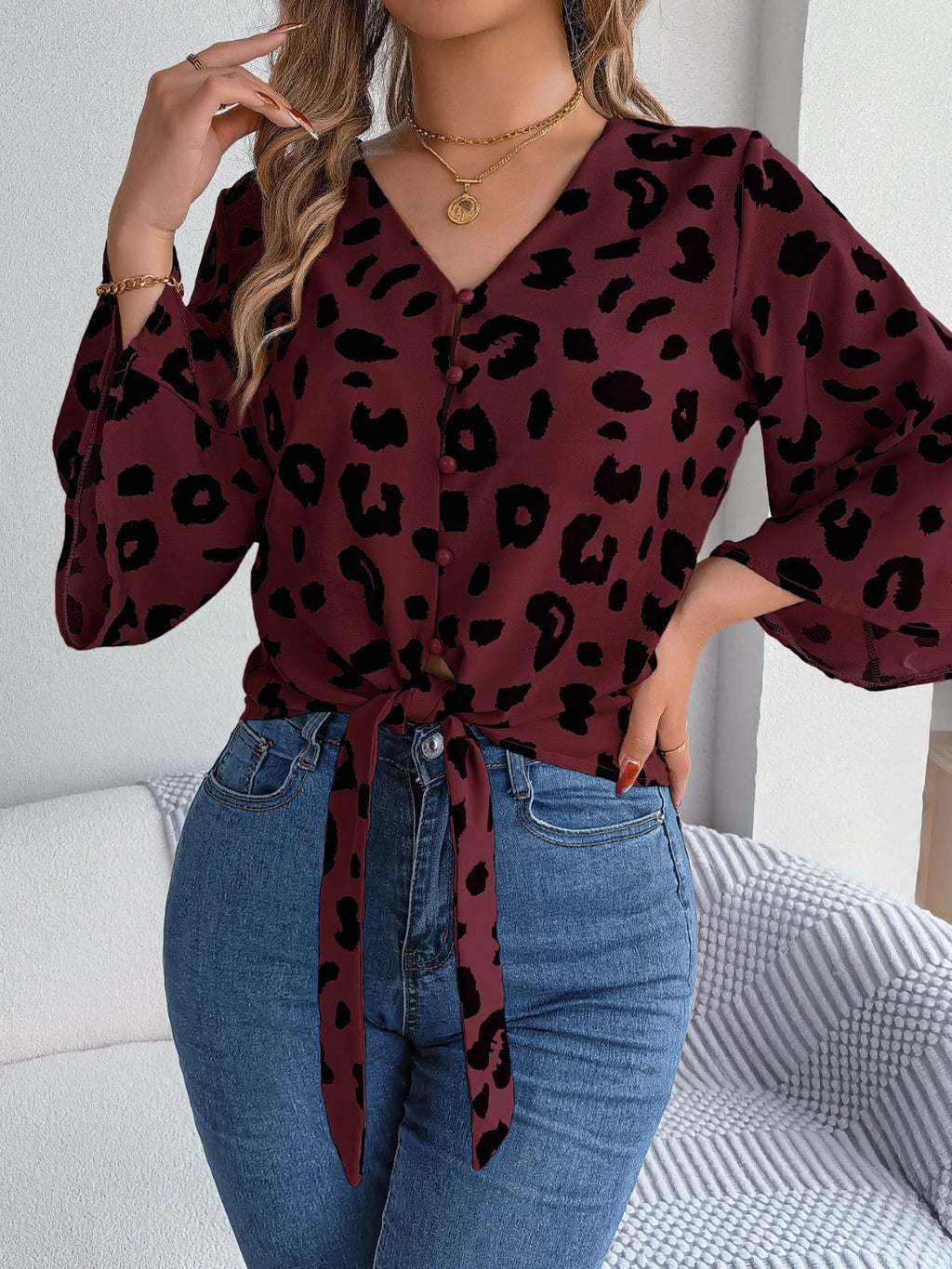 Tied Button Up Leopard V-Neck Blouse - Siennasass