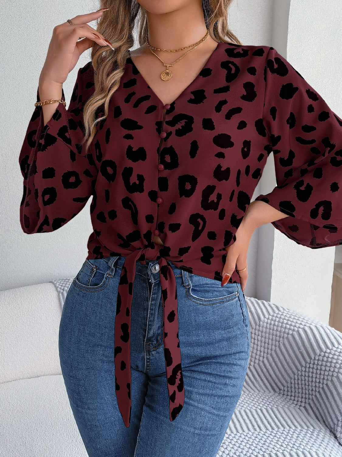 Tied Button Up Leopard V-Neck Blouse - Siennasass