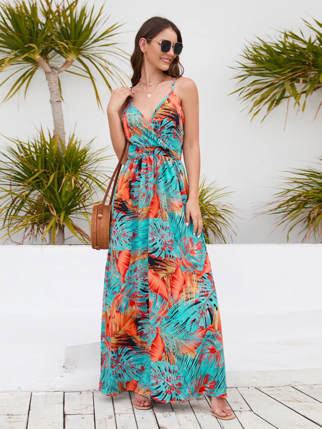 Printed Surplice Spaghetti Strap Dress - Siennasass