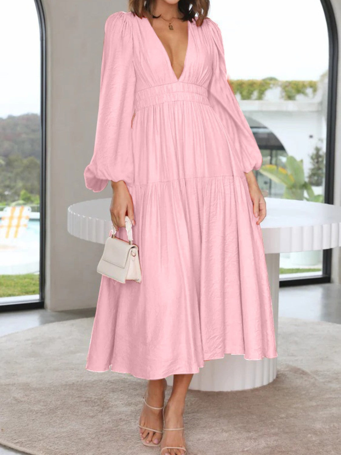 Deep V-Neck Balloon Sleeve Plain Maxi Dress - Siennasass