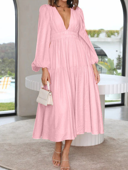 Deep V-Neck Balloon Sleeve Plain Maxi Dress - Siennasass
