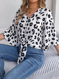 Tied Button Up Leopard V-Neck Blouse - Siennasass