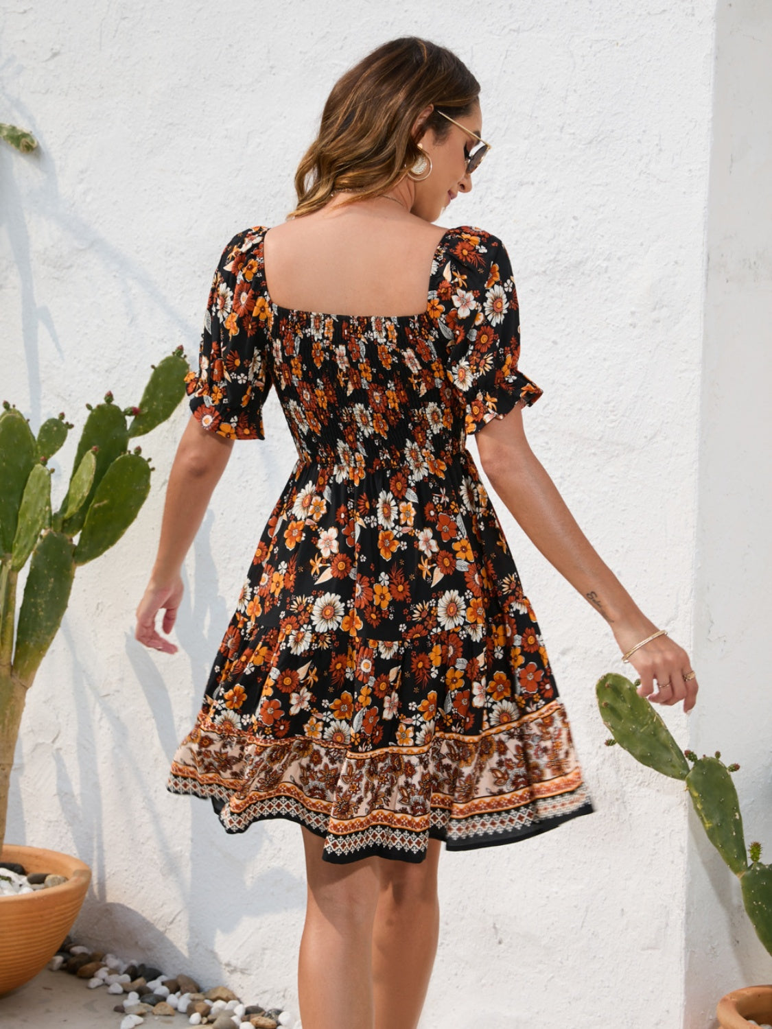 Printed Square Neck Short Sleeve Dress - Siennasass