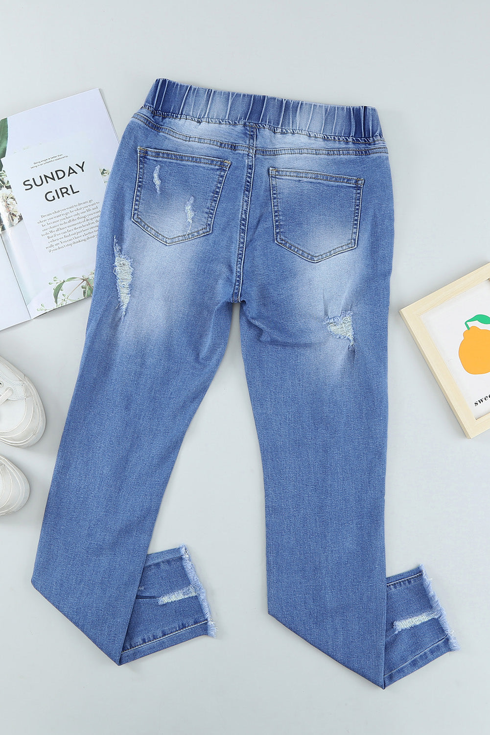 Drawstring Distressed Raw Hem Jeans with Pockets - Siennasass