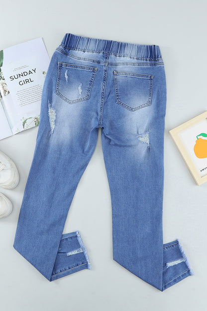 Drawstring Distressed Raw Hem Jeans with Pockets - Siennasass