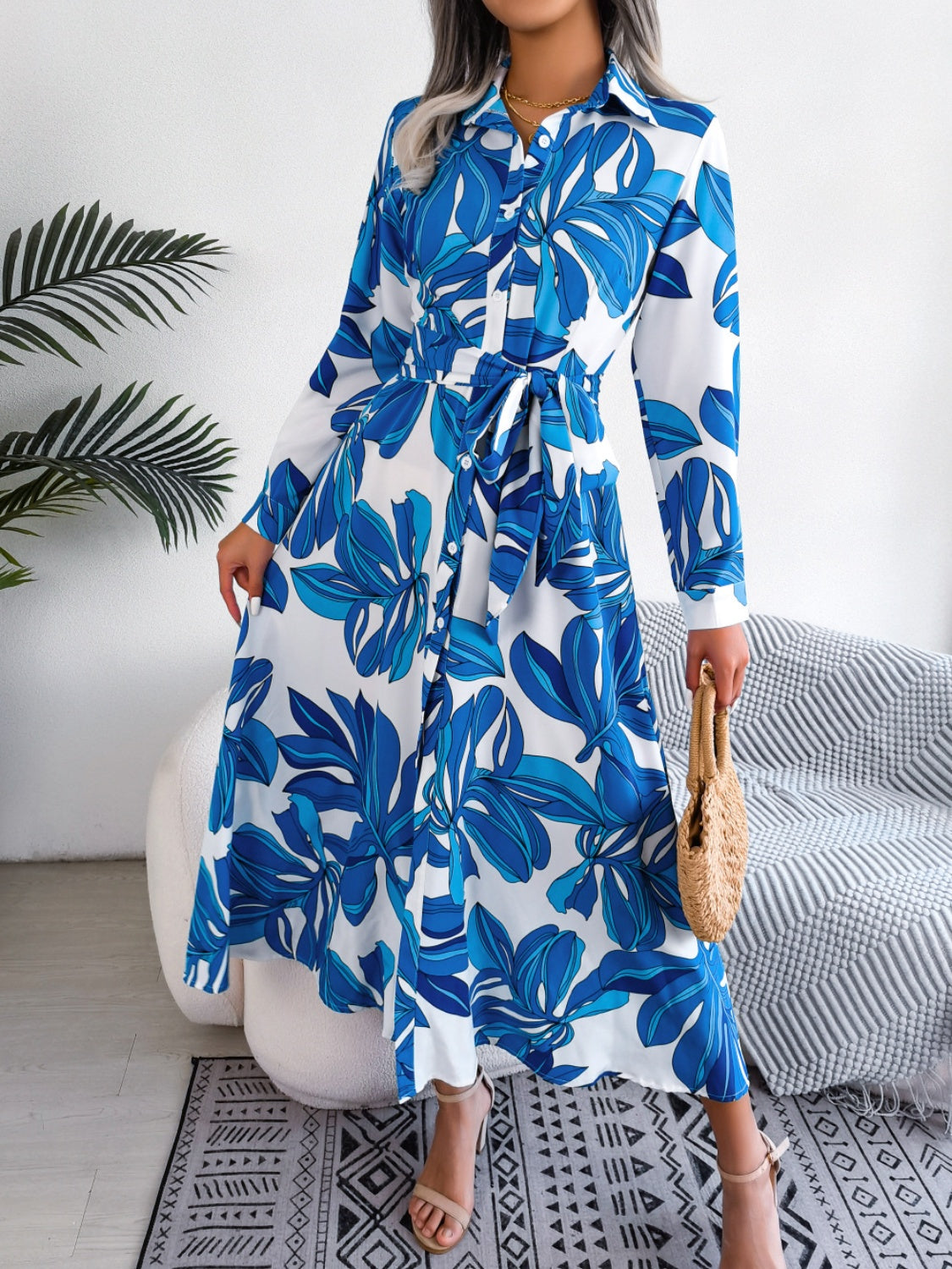 Tied Button Up Long Sleeve Dress - Siennasass