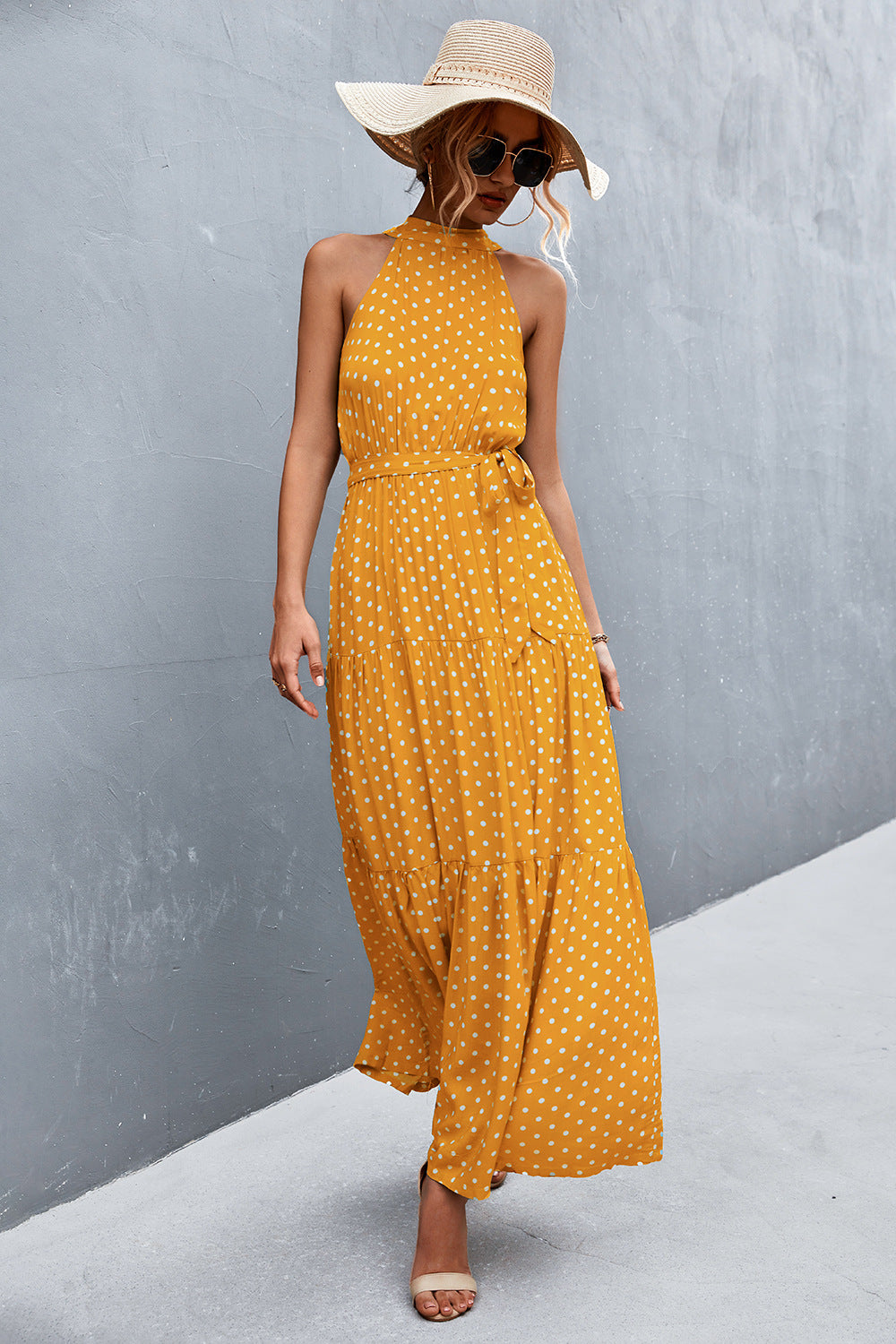 Printed Sleeveless Tie Waist Maxi Dress - Siennasass