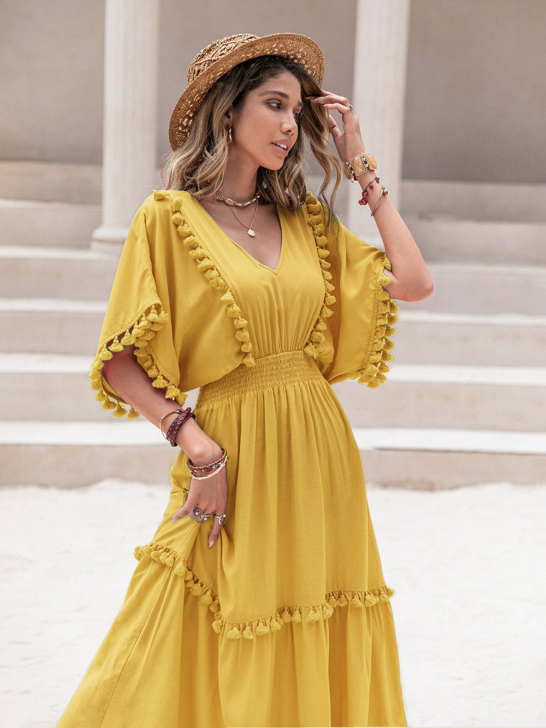 Tassel Trim Smocked V-Neck Short Sleeve Dress - Siennasass