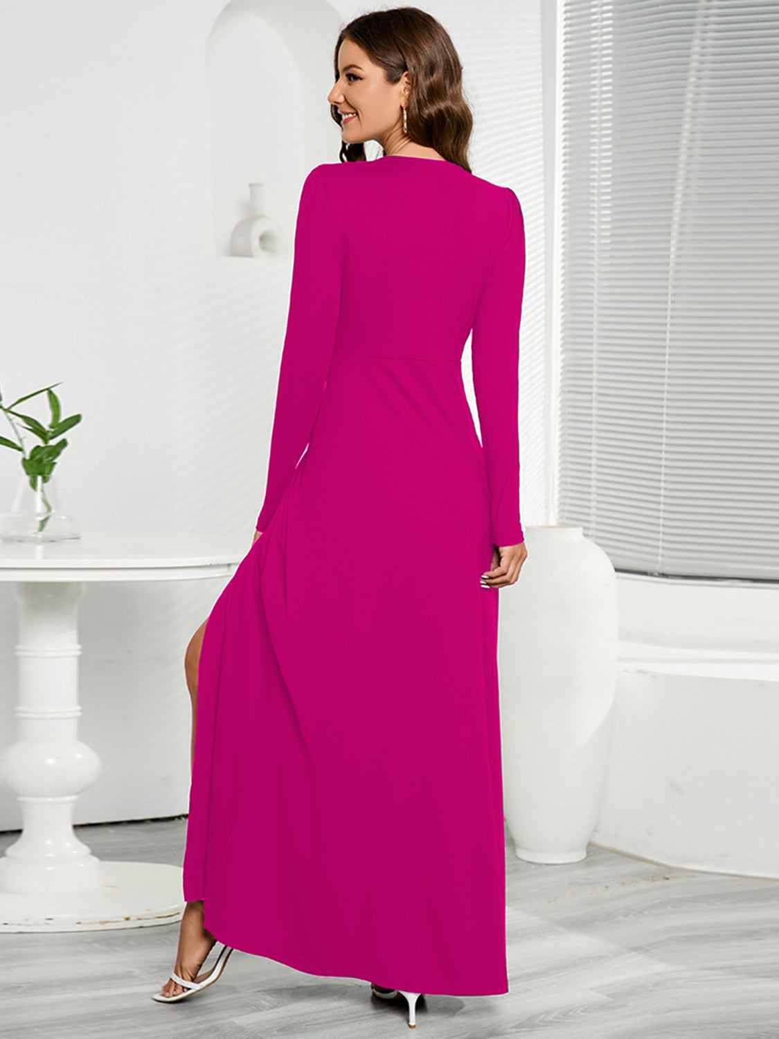 V-Neck Long Sleeve Split Dress - Siennasass