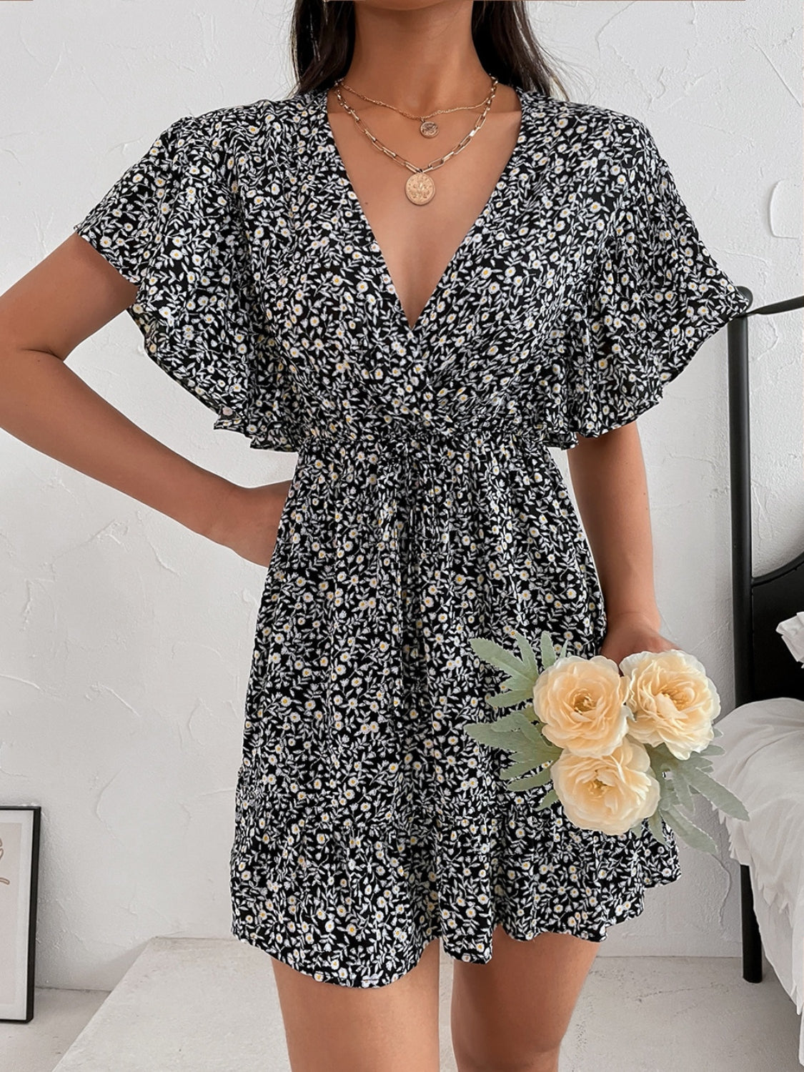 Cutout Ditsy Floral Surplice Flounce Sleeve Dress - Siennasass