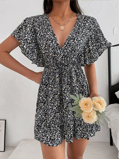 Cutout Ditsy Floral Surplice Flounce Sleeve Dress - Siennasass