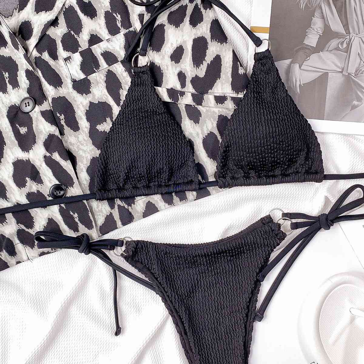 Textured Halter Neck Tie Side Bikini Set - Siennasass