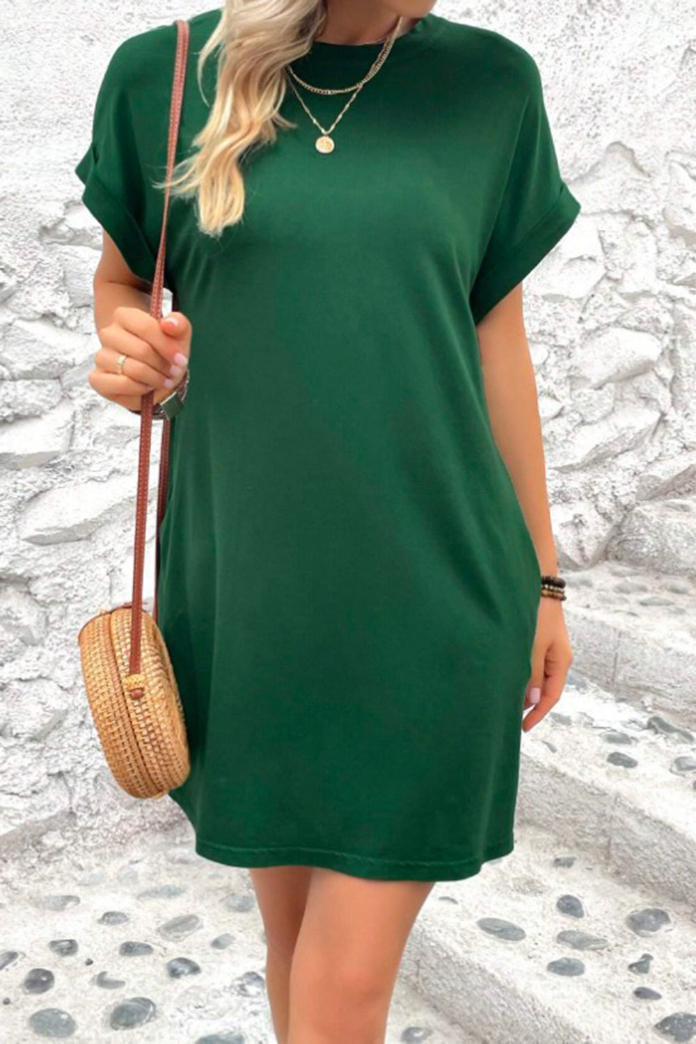 Pocketed Round Neck Short Sleeve Dress - Siennasass