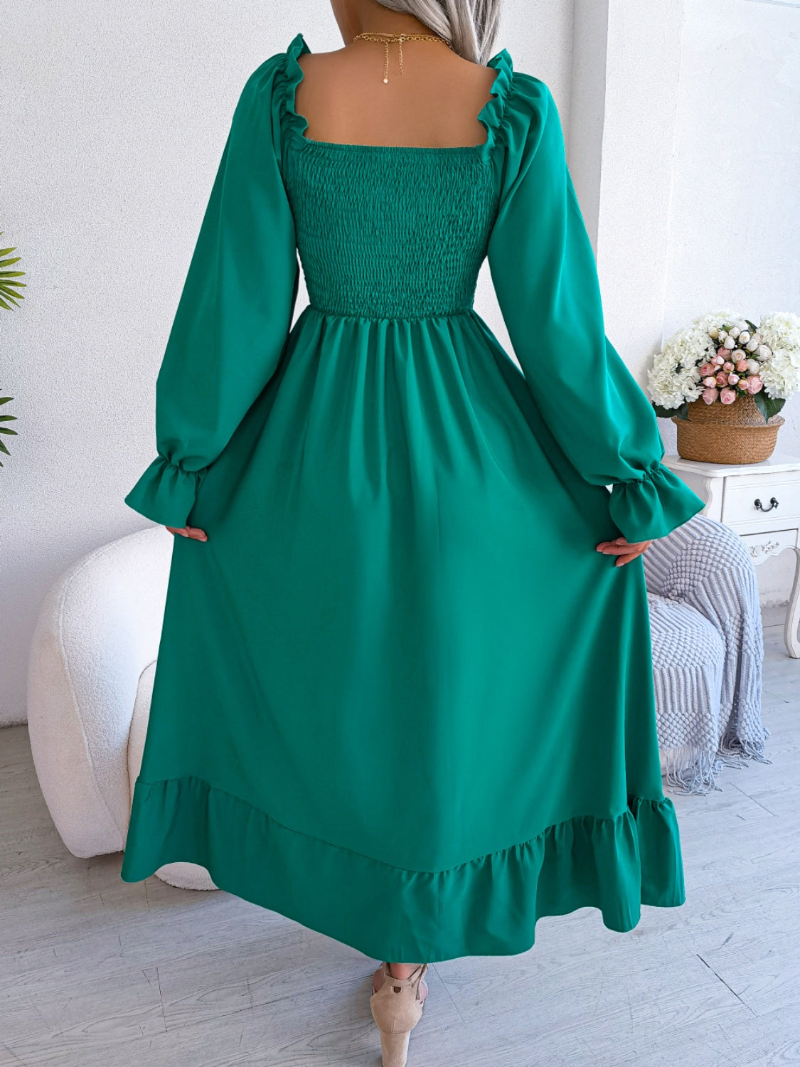 Smocked Square Neck Flounce Sleeve Dress - Siennasass