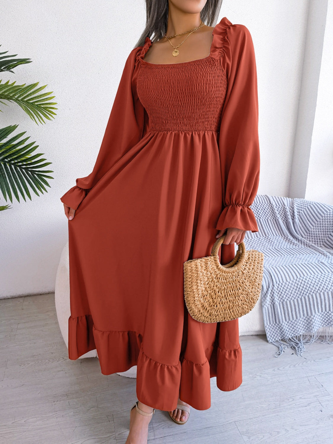 Smocked Square Neck Flounce Sleeve Dress - Siennasass