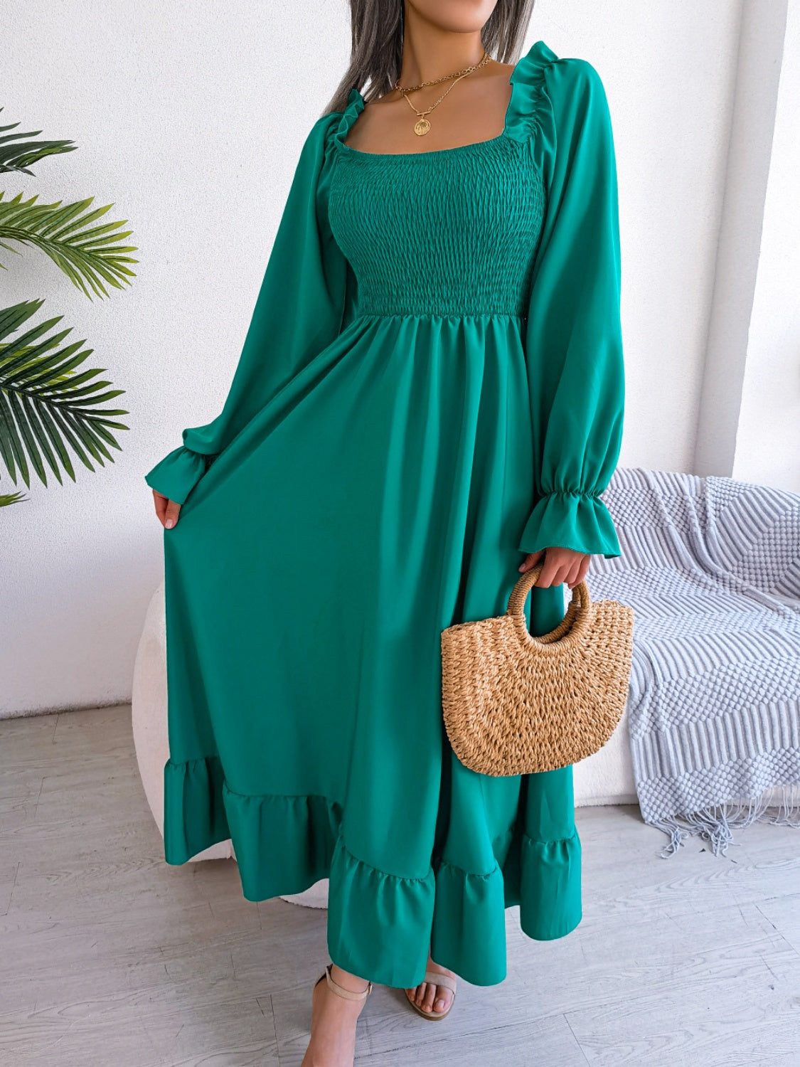 Smocked Square Neck Flounce Sleeve Dress - Siennasass