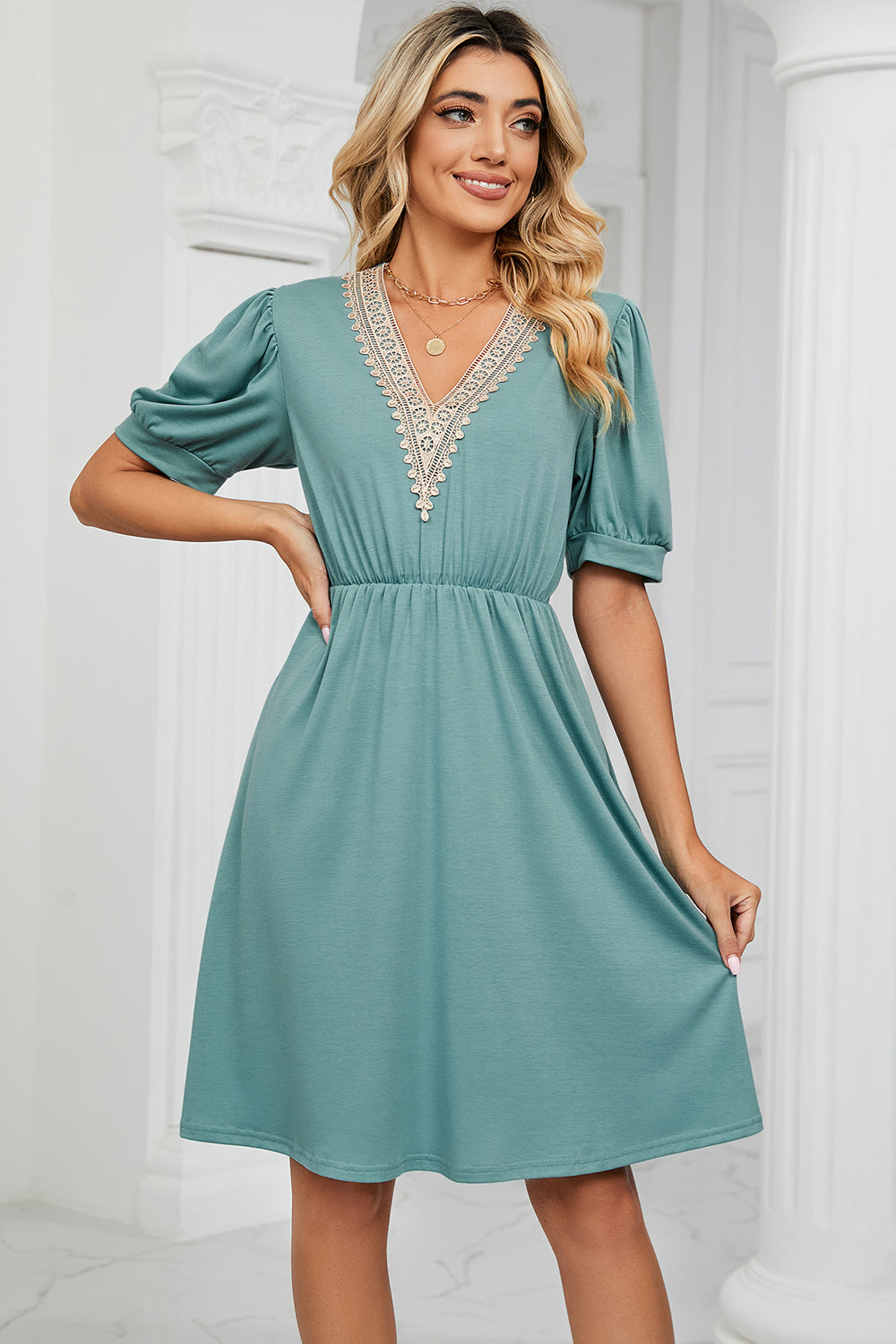 V-Neck Puff Sleeve Dress - Siennasass