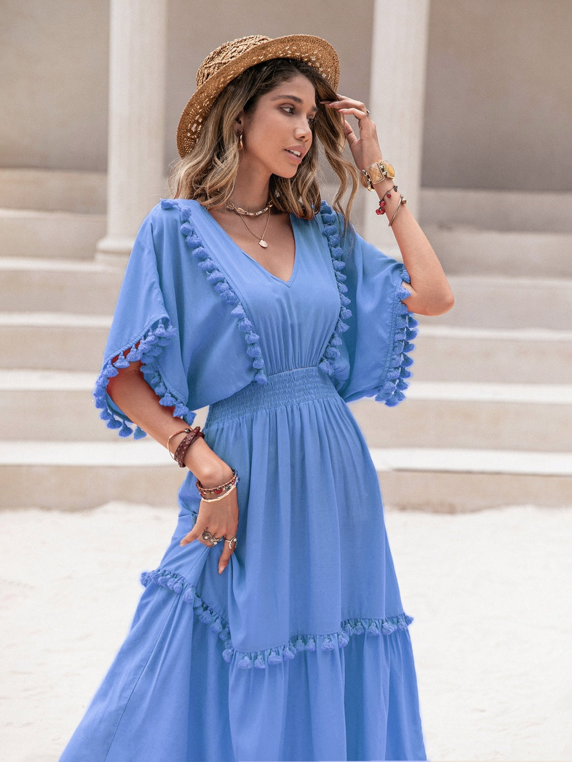 Tassel Trim Smocked V-Neck Short Sleeve Dress - Siennasass