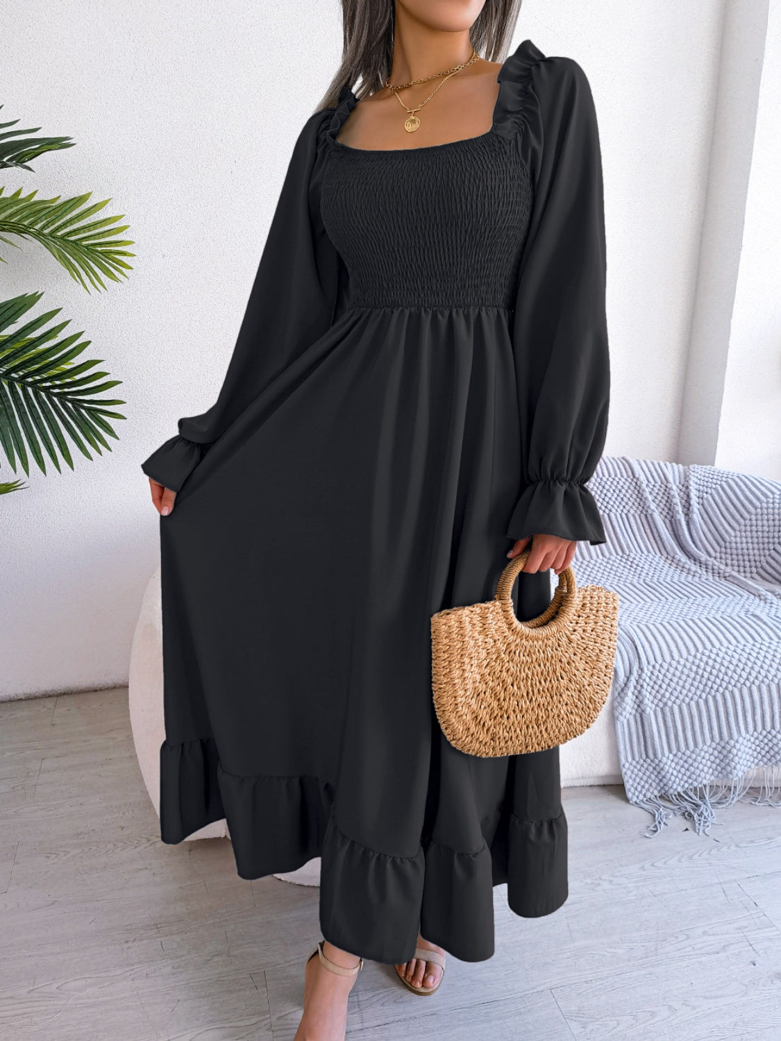 Smocked Square Neck Flounce Sleeve Dress - Siennasass