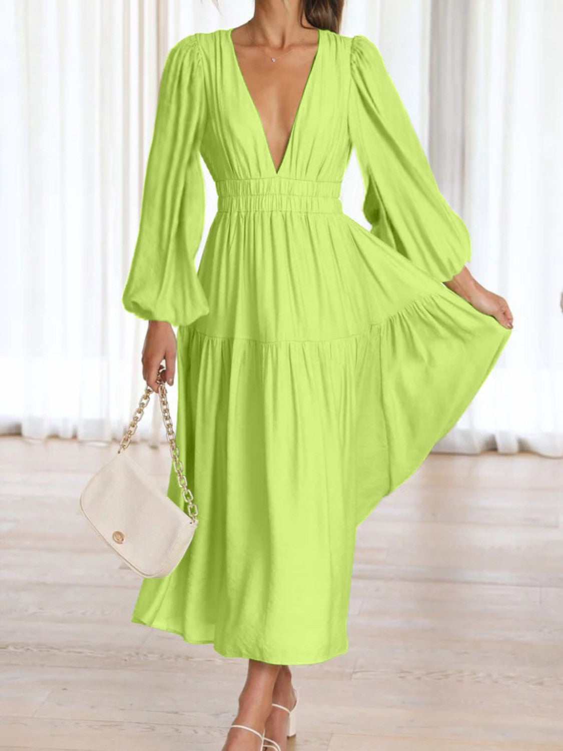 Deep V-Neck Balloon Sleeve Plain Maxi Dress - Siennasass