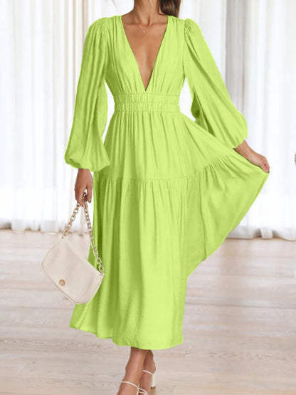 Deep V-Neck Balloon Sleeve Plain Maxi Dress - Siennasass