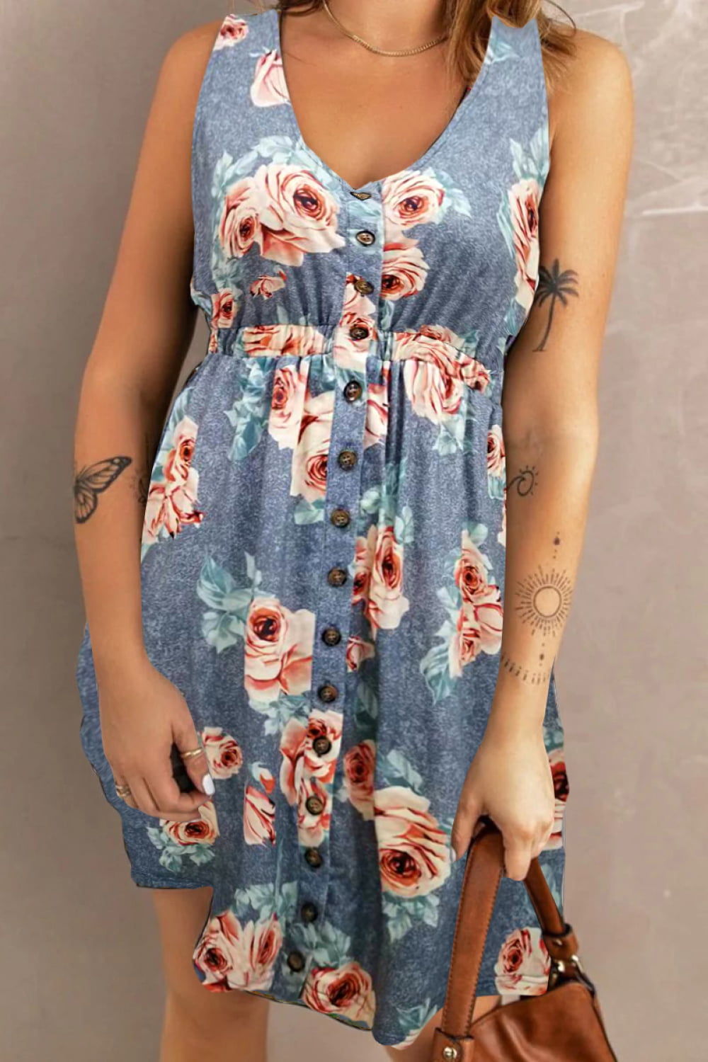 Double Take Printed Scoop Neck Sleeveless Buttoned Magic Dress with Pockets - Siennasass