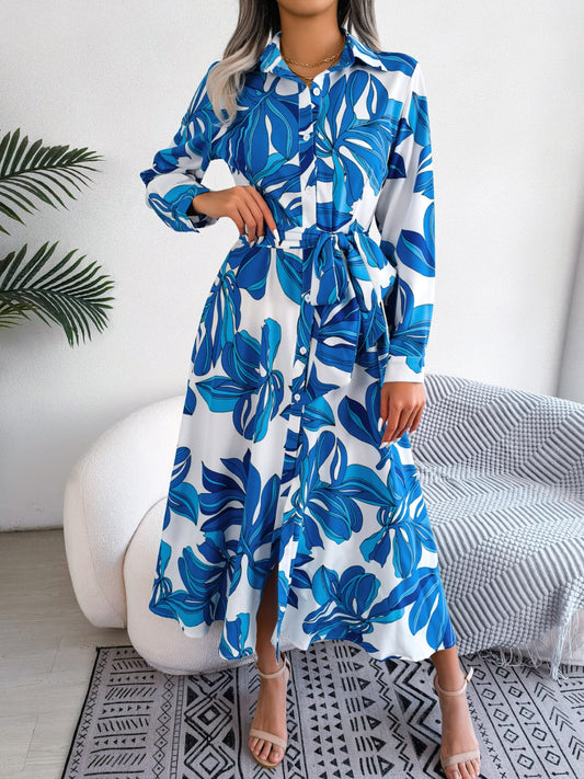Tied Button Up Long Sleeve Dress - Siennasass
