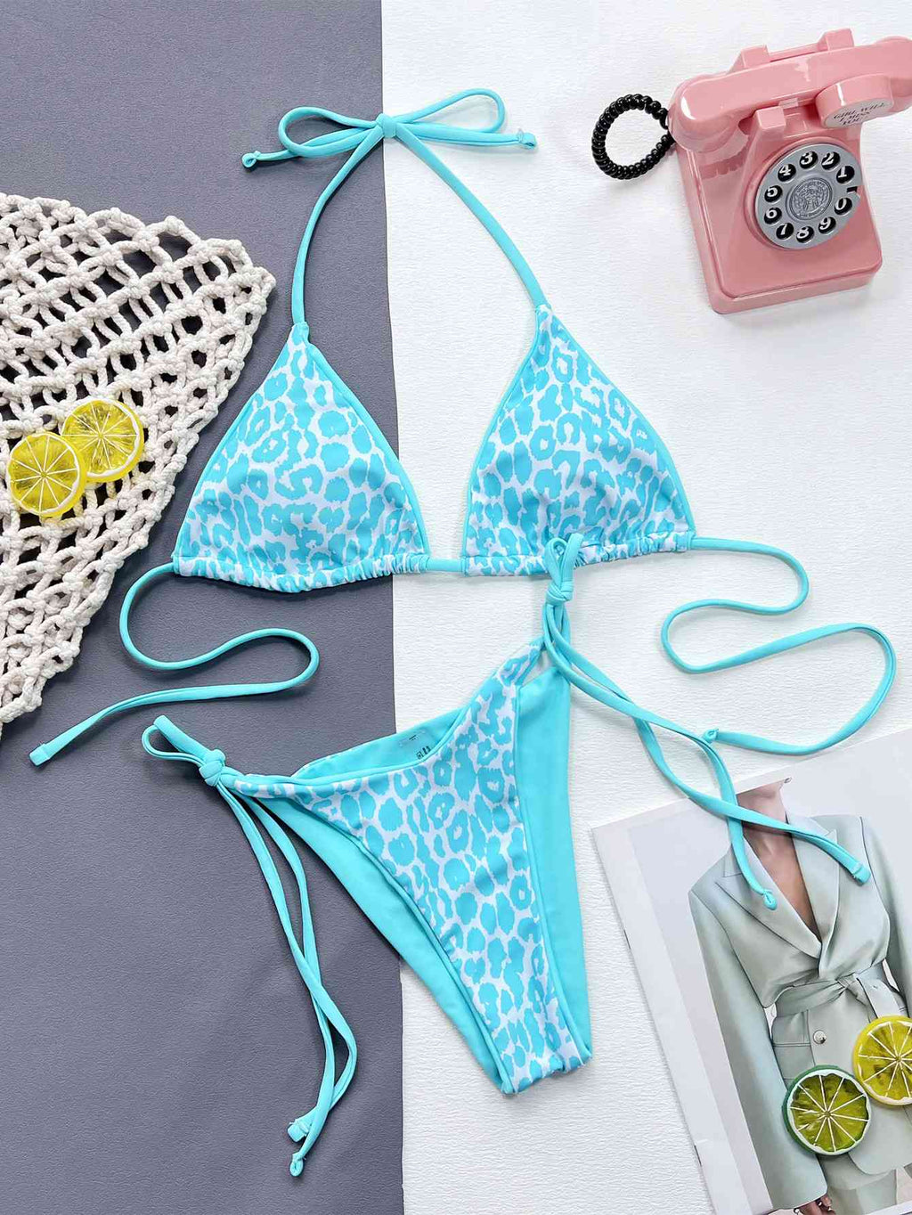 Leopard Print Halter Neck Tie Side Bikini Set - Siennasass