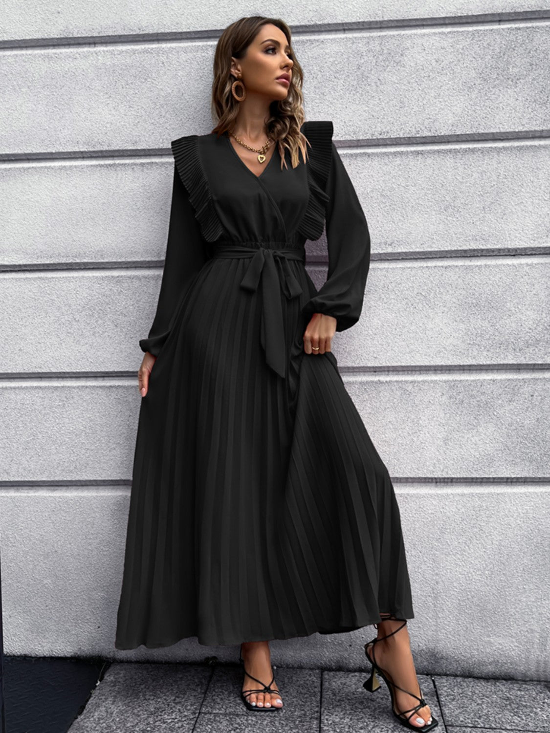 Pleated Surplice Tie Waist Maxi Dress - Siennasass