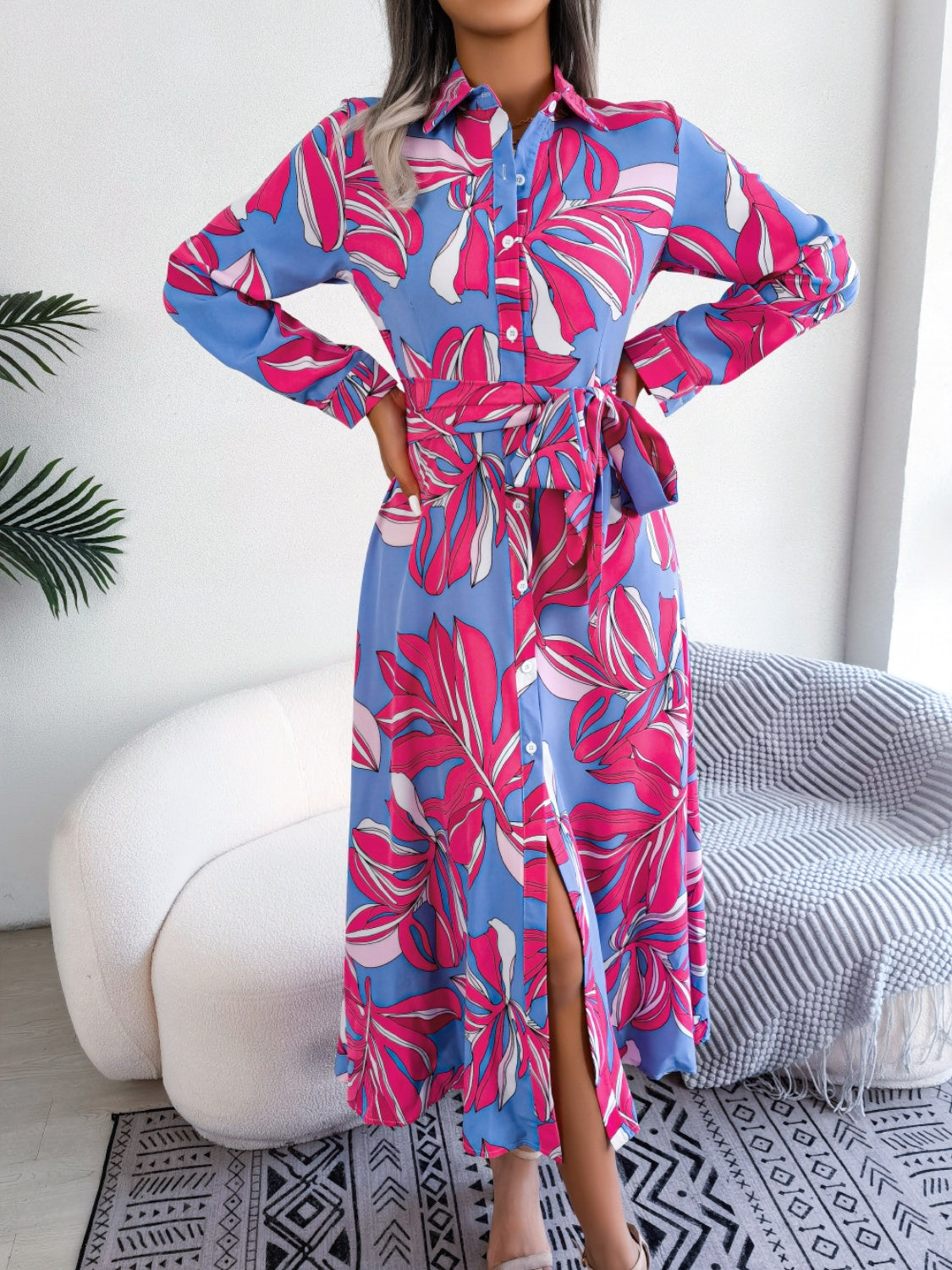Tied Button Up Long Sleeve Dress - Siennasass
