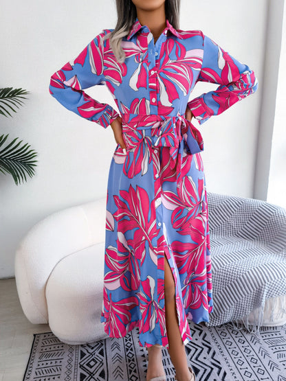 Tied Button Up Long Sleeve Dress - Siennasass