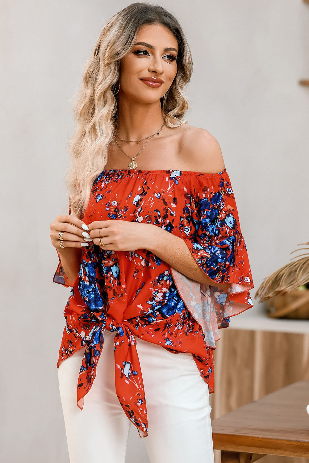 Tied Printed Off-Shoulder Half Sleeve Blouse - Siennasass