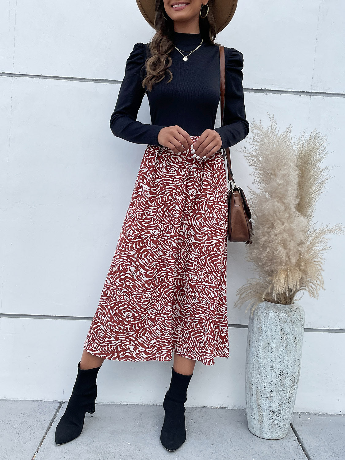 Printed Mock Neck Puff Sleeve Midi Dress - Siennasass