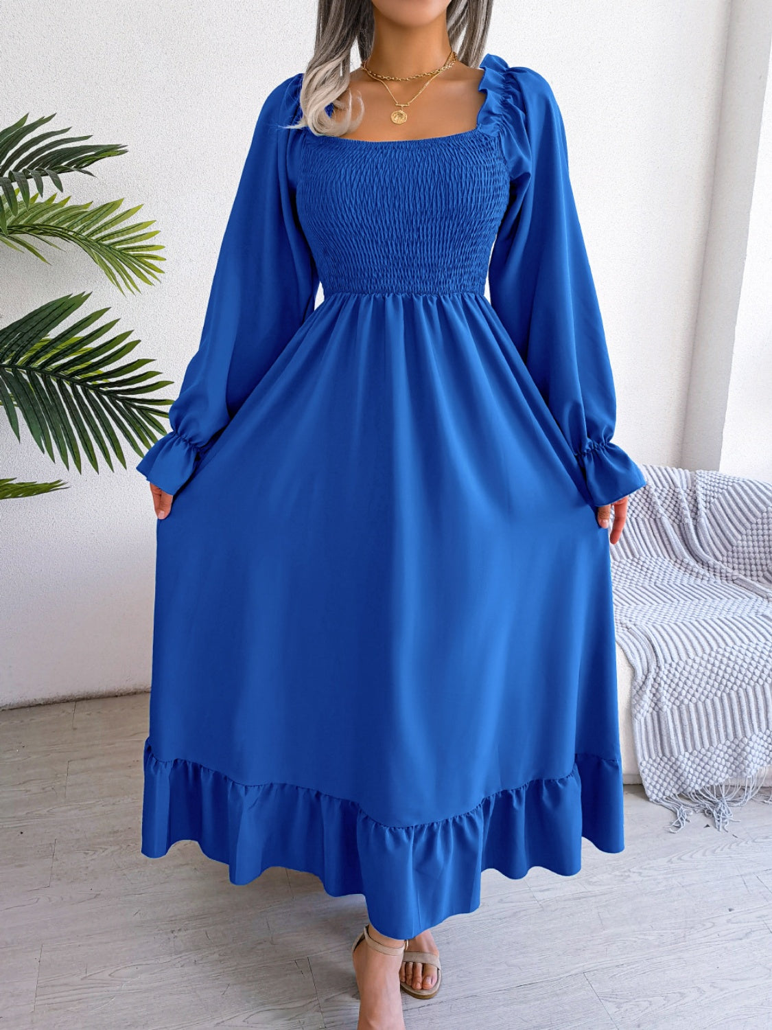 Smocked Square Neck Flounce Sleeve Dress - Siennasass