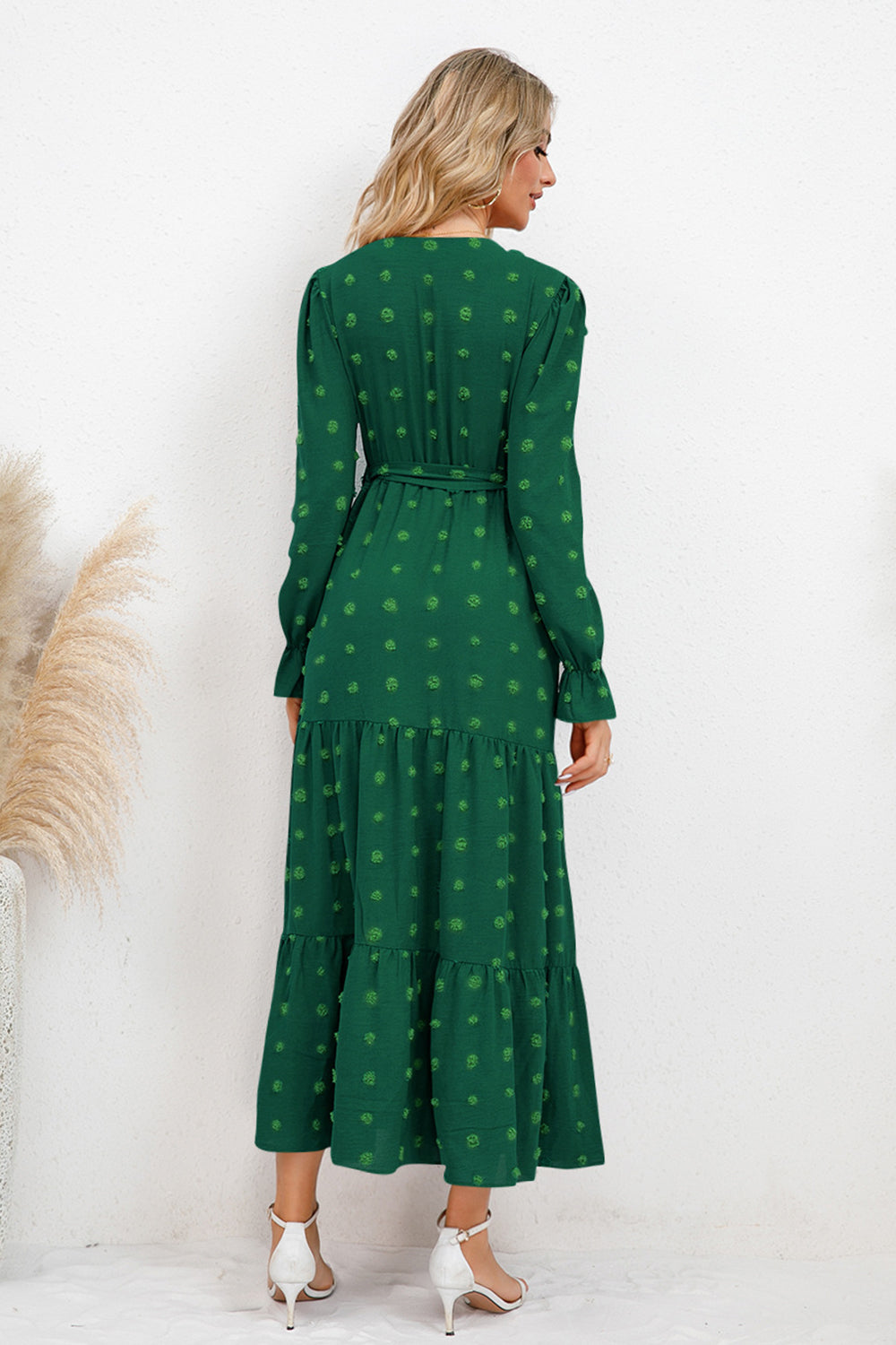 Swiss Dot Tied Surplice Flounce Sleeve Dress - Siennasass